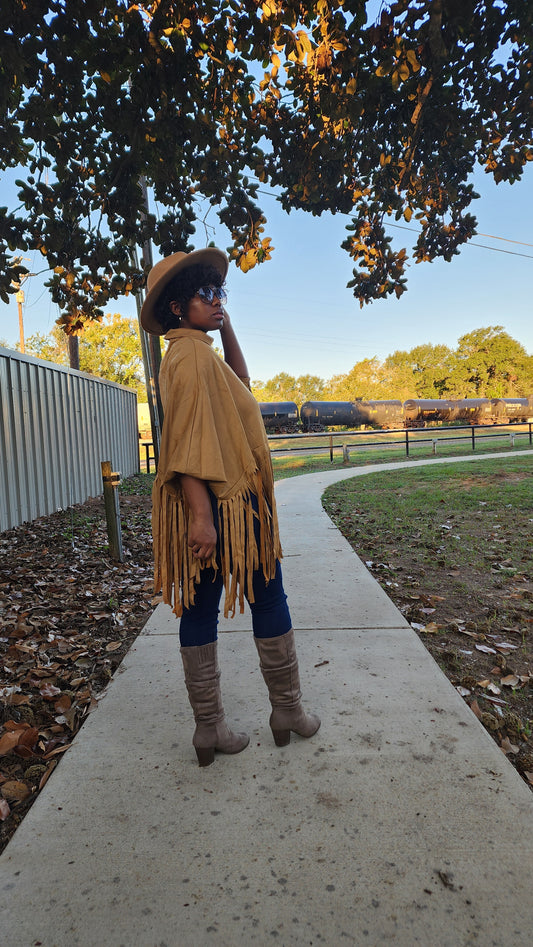 "Khaki Brown" Long Sleeve Pullover Fringe Crop Top