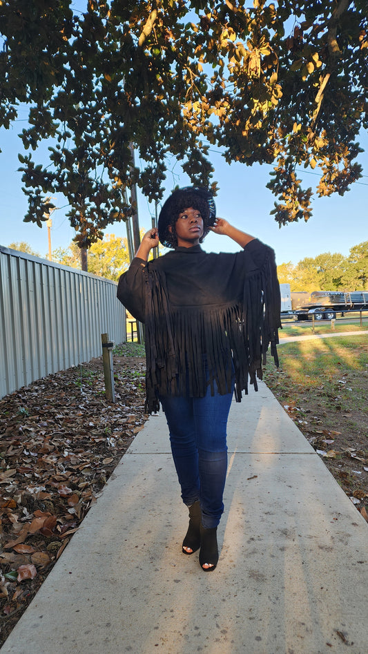 Black Long Sleeve Pullover Fringe Crop Top