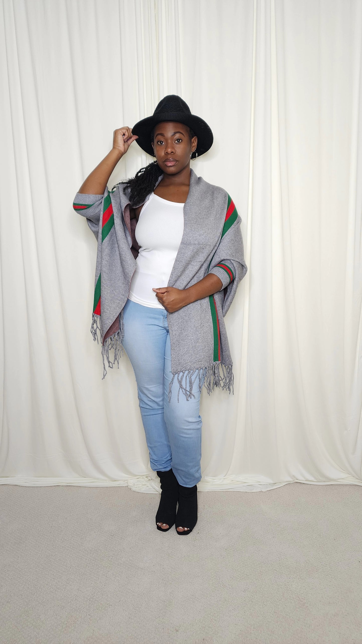 The Luxe Fringe Poncho- Grey