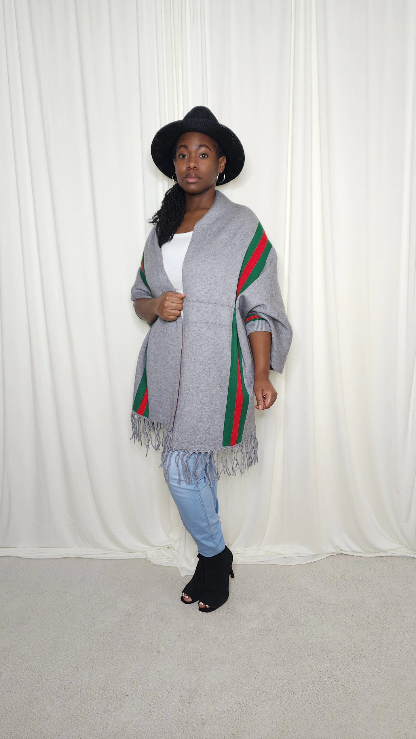 The Luxe Fringe Poncho- Grey