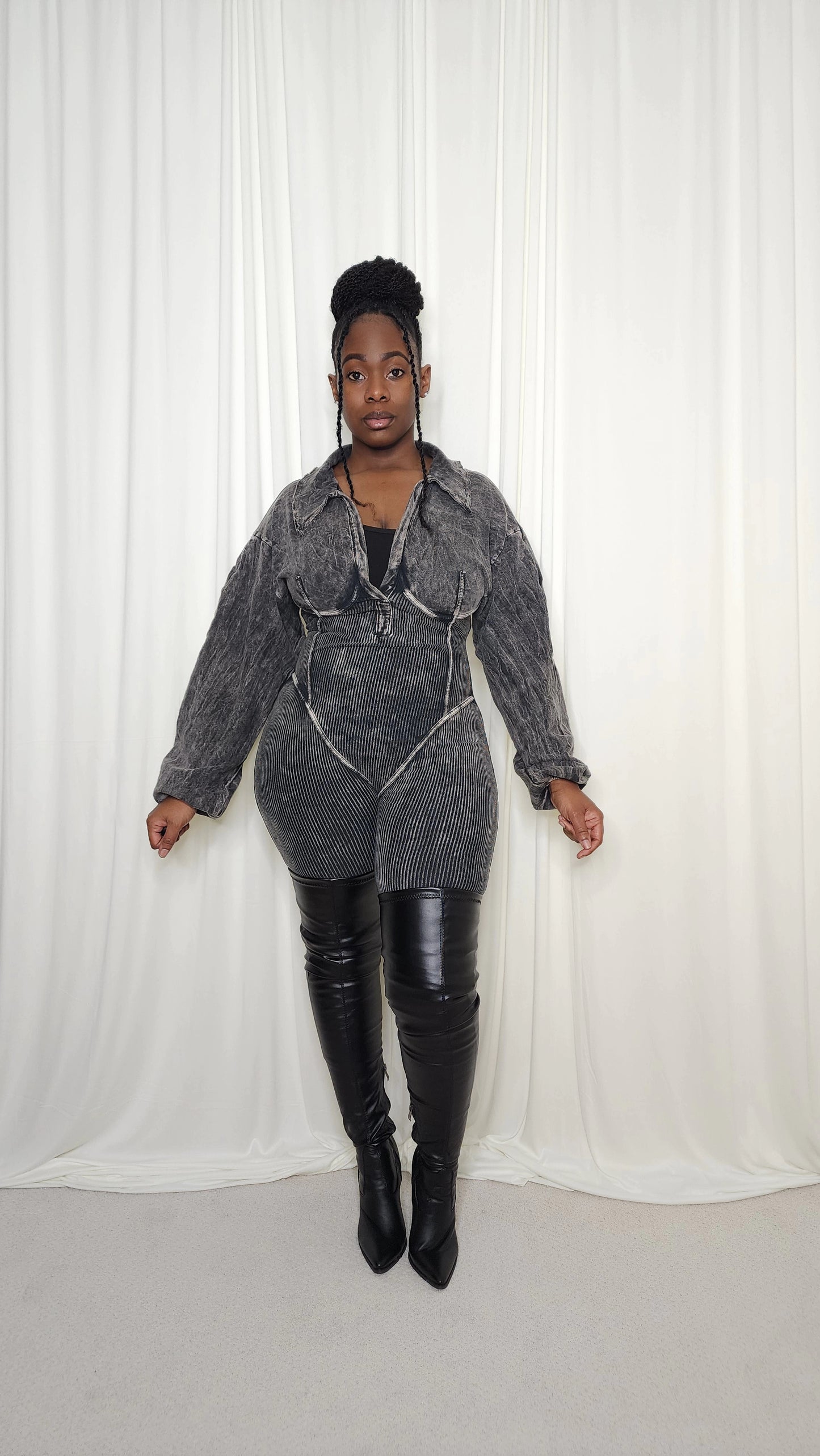 Mineral Wash Corset Jumpsuit- Black