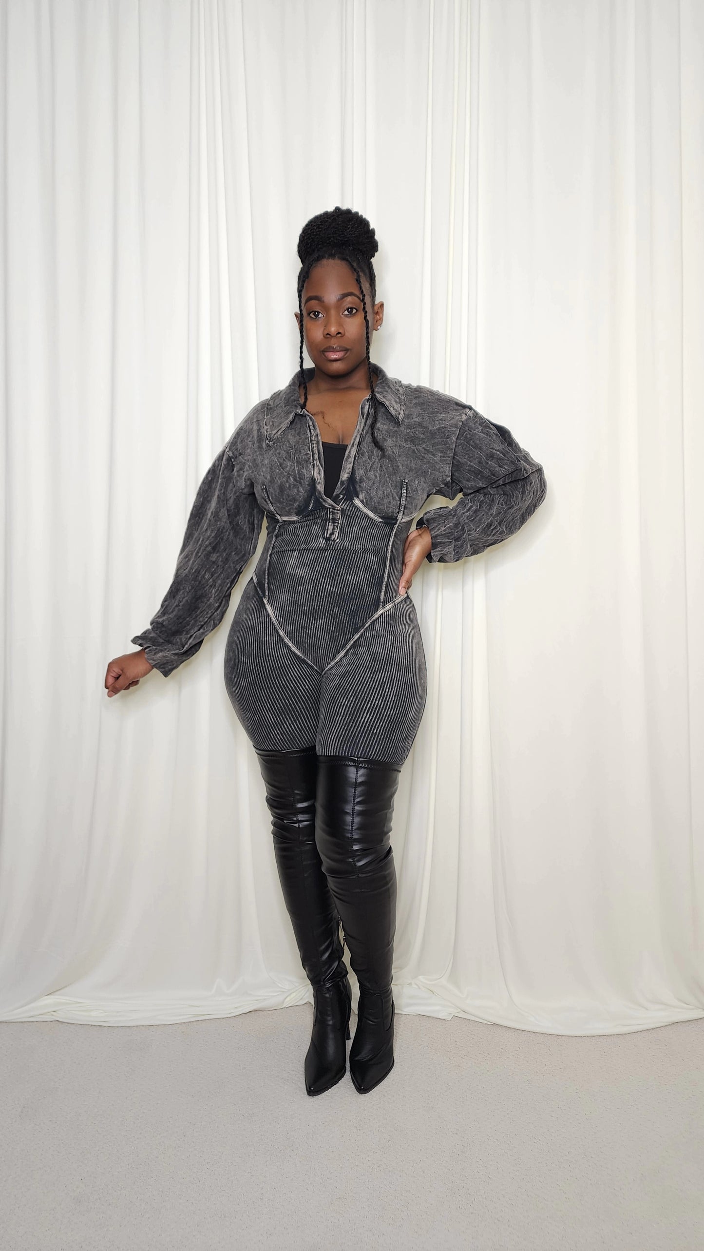 Mineral Wash Corset Jumpsuit- Black