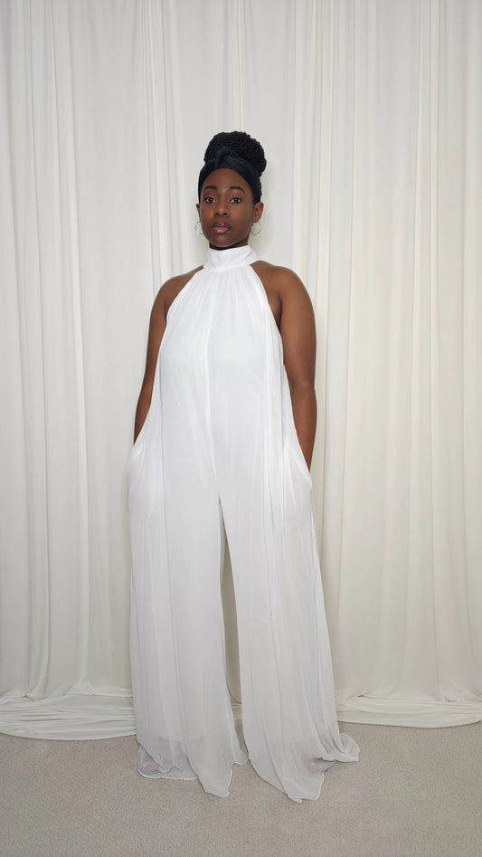Halter Neck Chiffon Jumpsuit- White