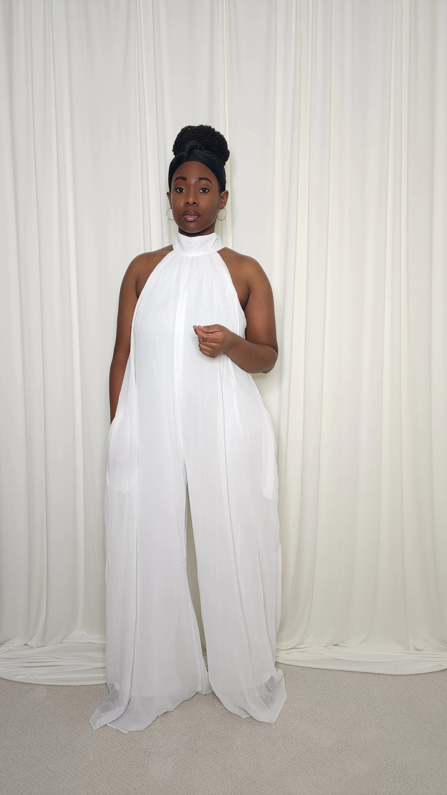Halter Neck Chiffon Jumpsuit- White