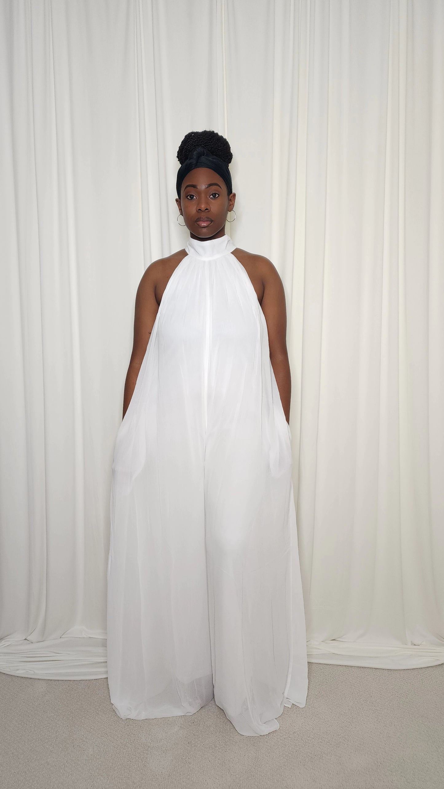 Halter Neck Chiffon Jumpsuit- White