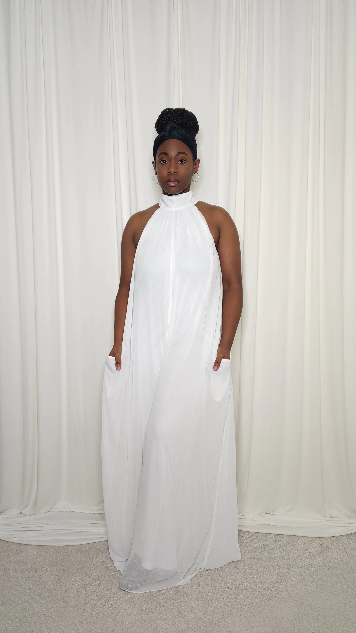 Halter Neck Chiffon Jumpsuit- White