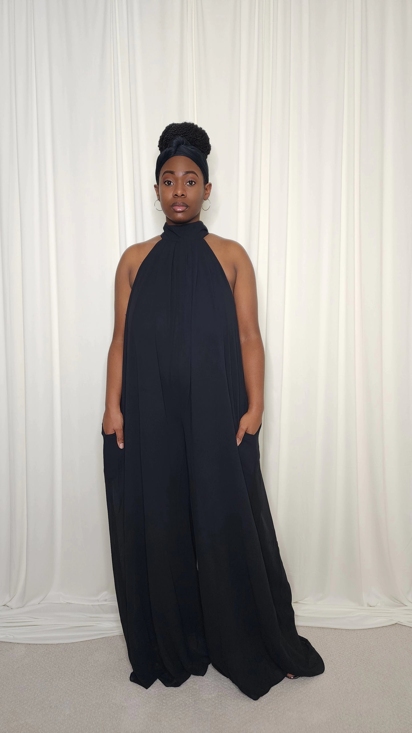 Halter Neck Chiffon Jumpsuit- Black