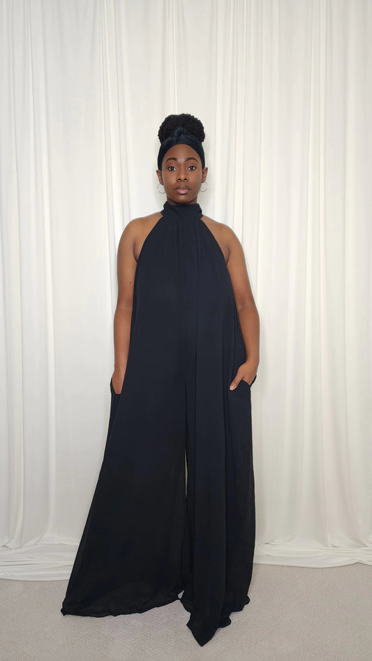 Halter Neck Chiffon Jumpsuit- Black