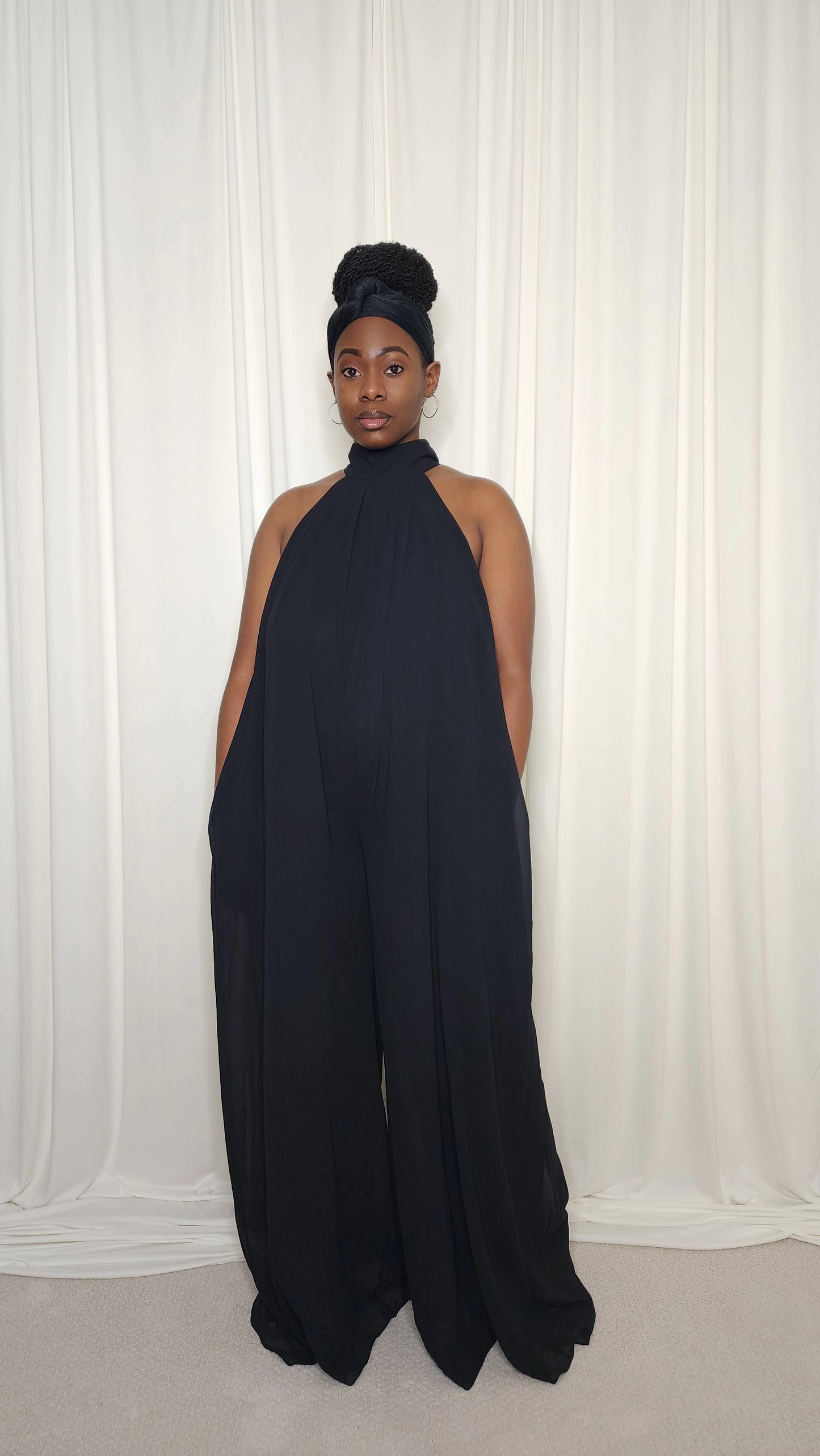 Halter Neck Chiffon Jumpsuit- Black