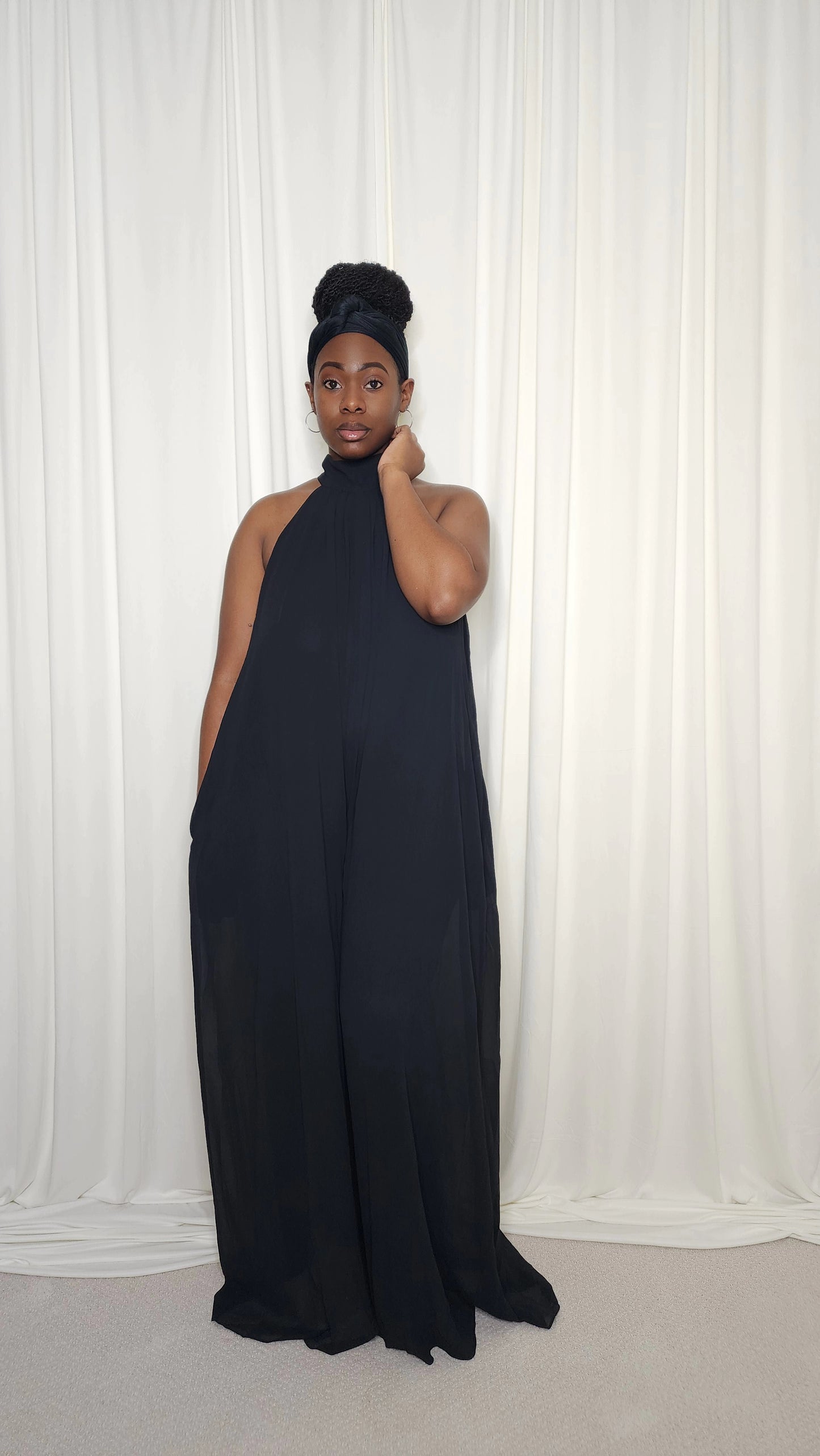 Halter Neck Chiffon Jumpsuit- Black