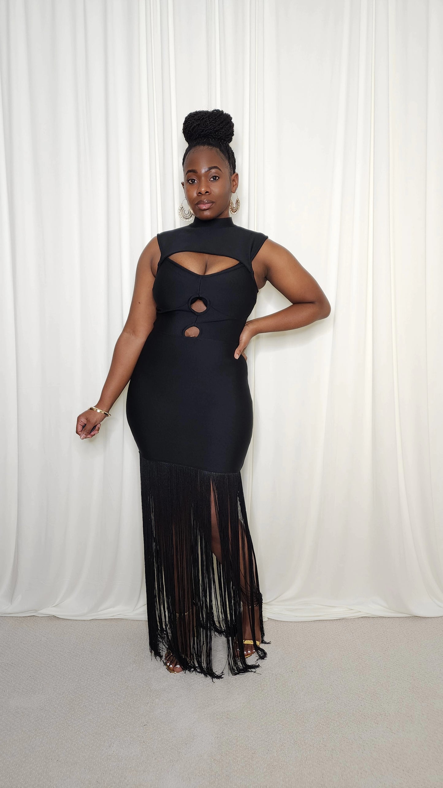 Bodycon Fringe Hem Dress- Black