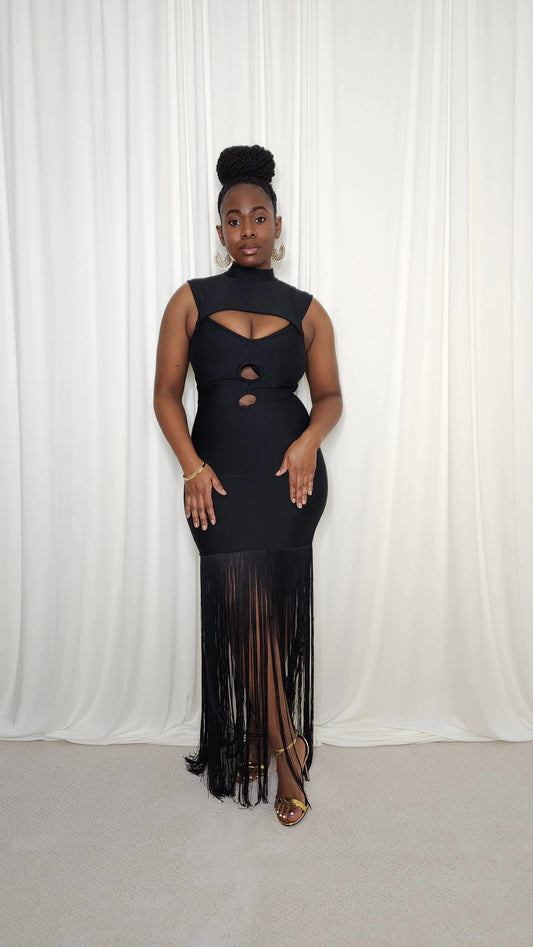 Bodycon Fringe Hem Dress- Black