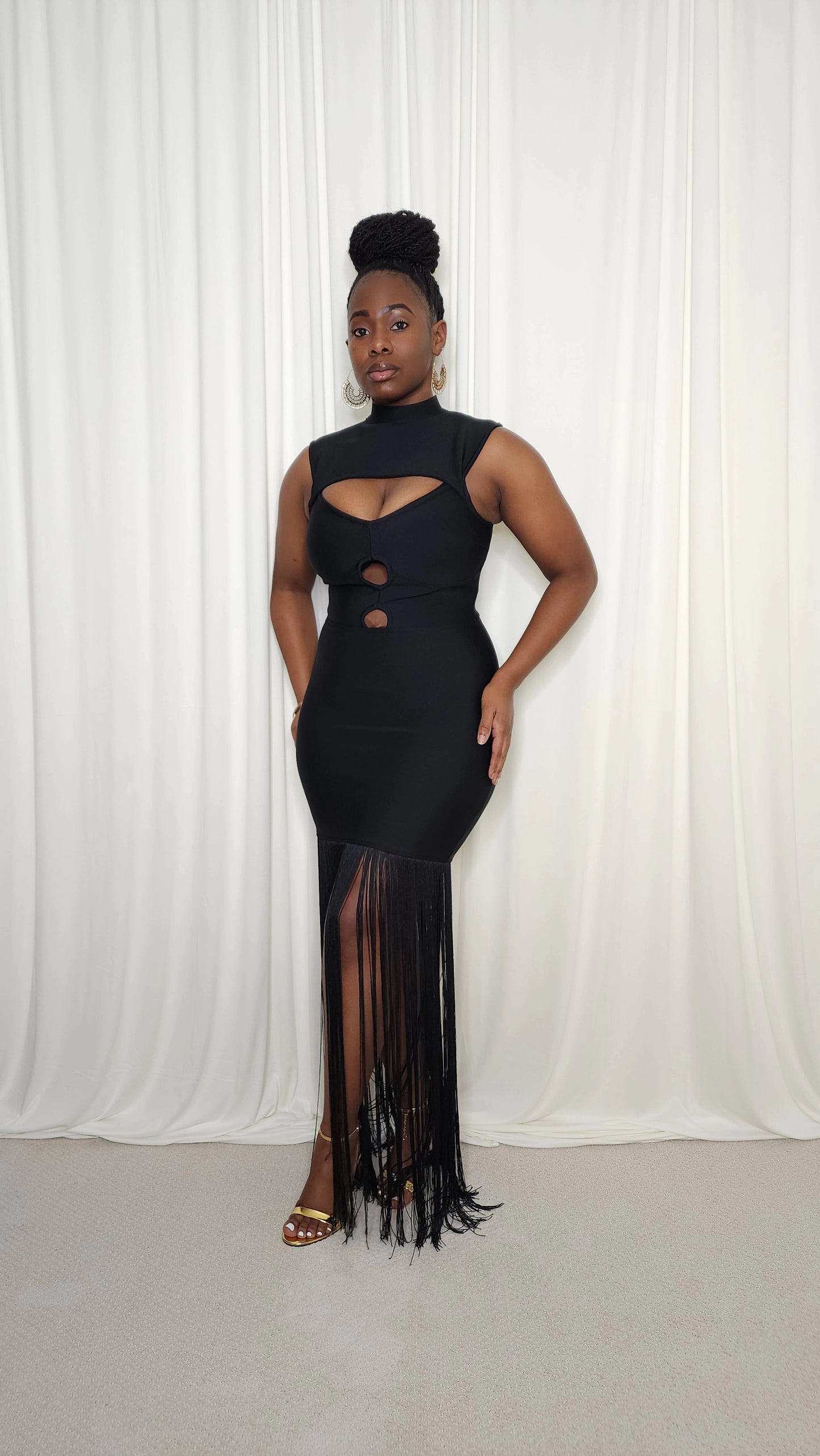 Bodycon Fringe Hem Dress- Black