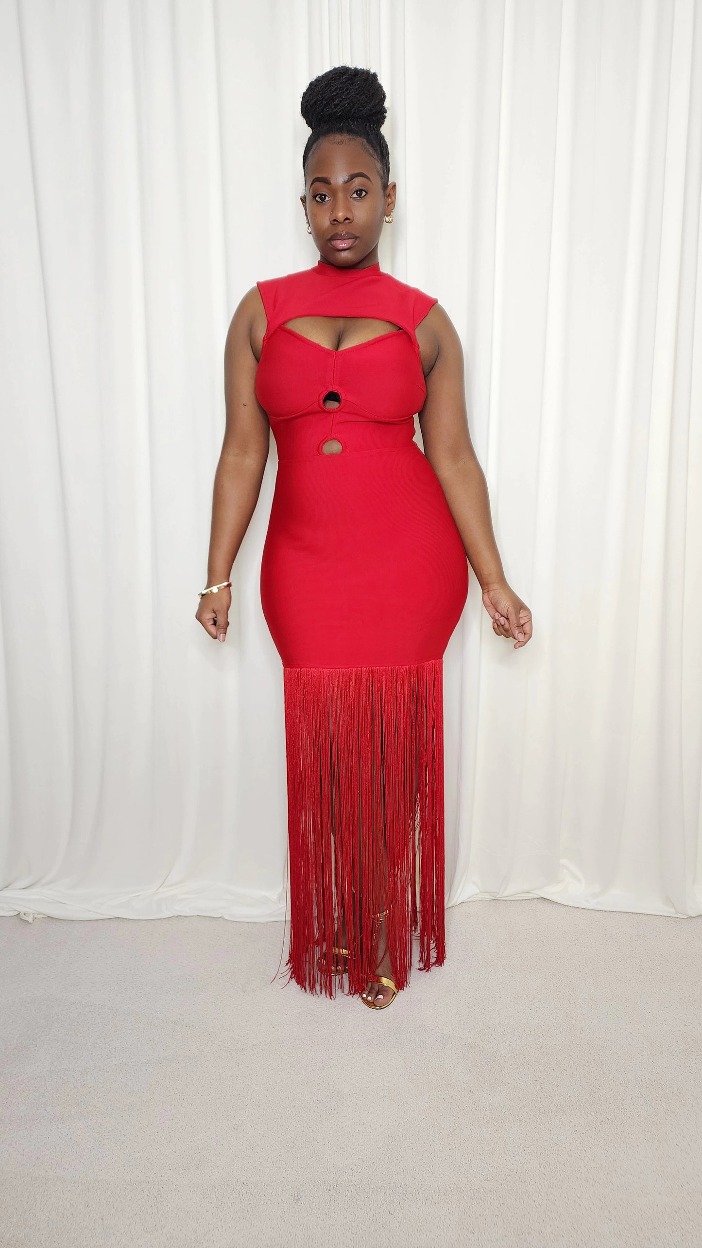 Bodycon Fringe Hem Dress- Red