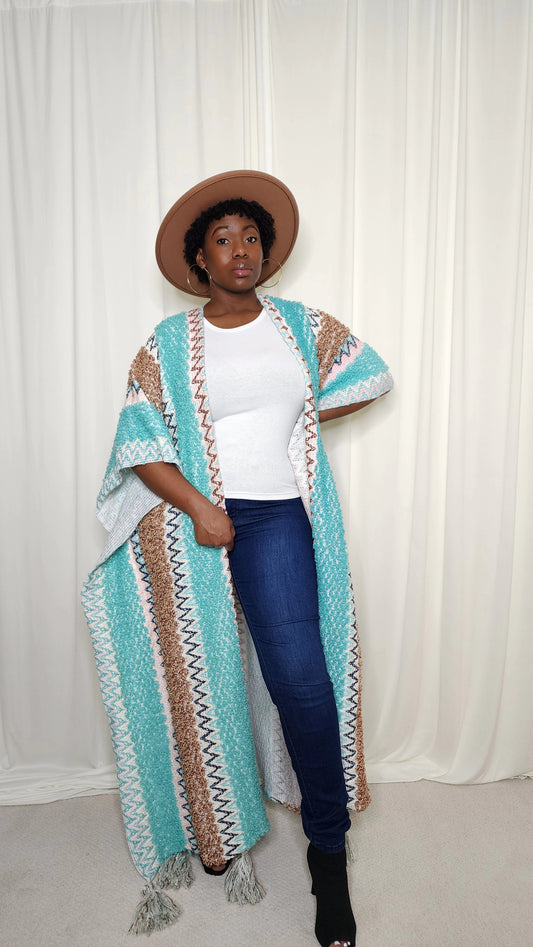 Turquoise Blue Cardigan w/ Bottom Tassels