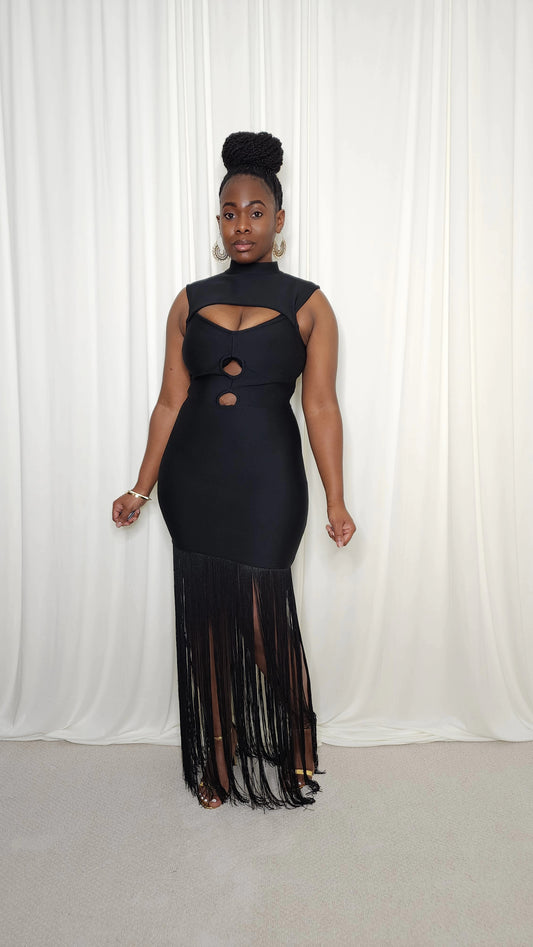 Bodycon Fringe Hem Dress- Black