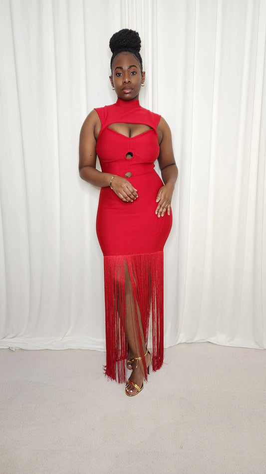 Bodycon Fringe Hem Dress- Red